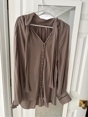 Free People Mauve-Taupe Tie Neck Ladder-Trim Blouse